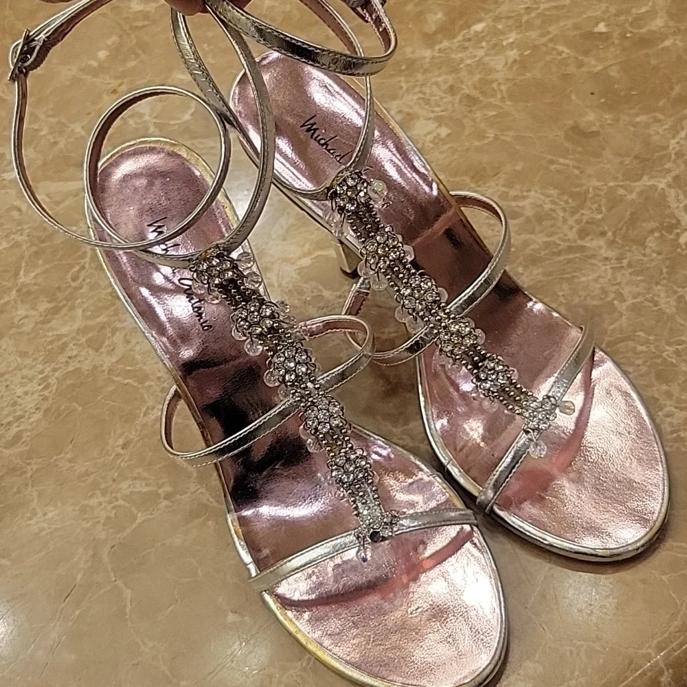 Michael Antonio Bedazzled Ankle Strap Silver Heeled Sandals, Sz 8